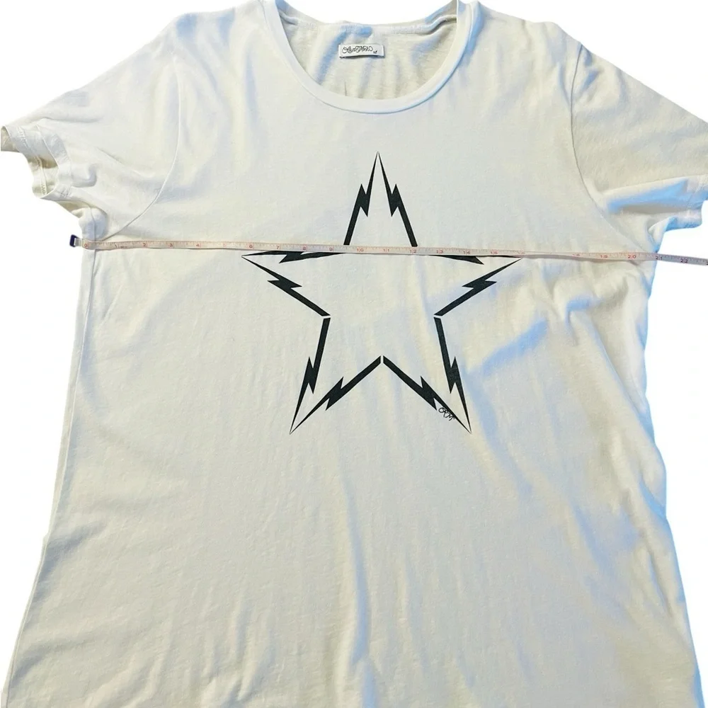Lauren Moshi White Tee with Black Star and Lightning Bolt Size XL